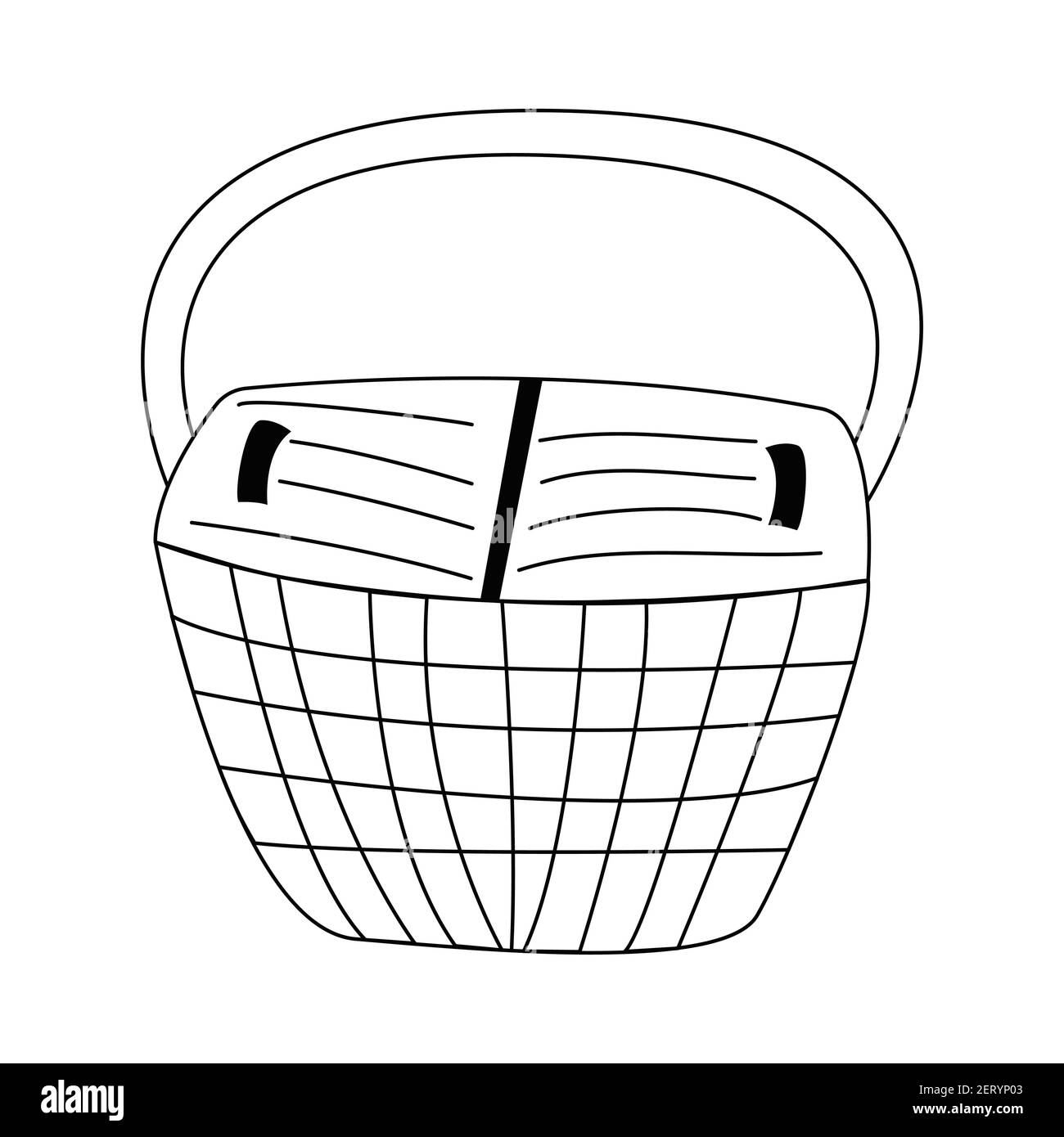 Wicker basket for groceries. Black and white vector illustration isolated in doodle style Stock Vector