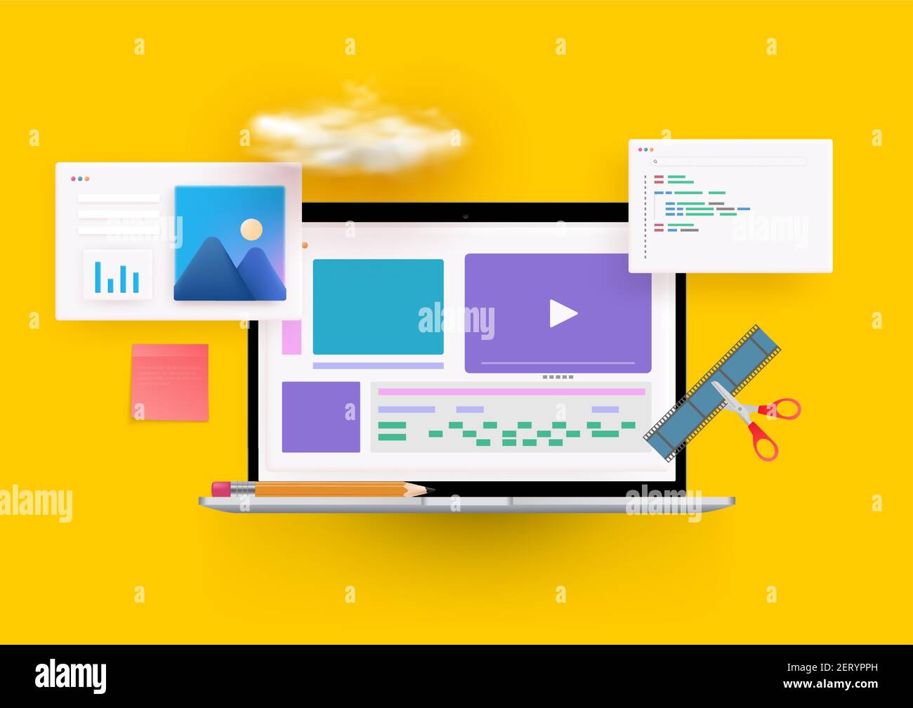 Video production, editing, montage 3d vector concept illustration. Stock Vector