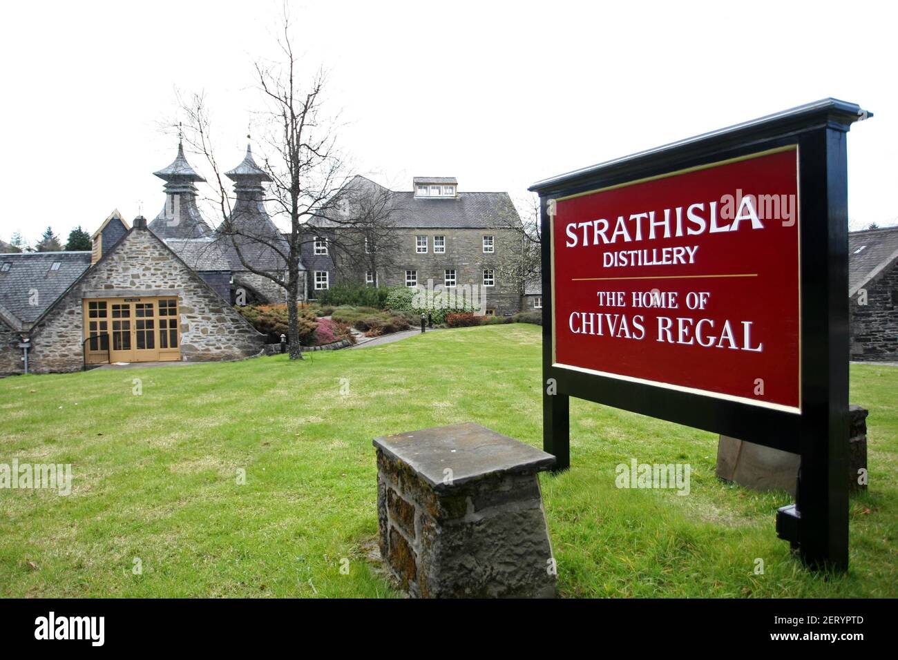Exterior and sign of Strathisla Whisky Distillery in Keith, Moray, Scotland, UK Stock Photo