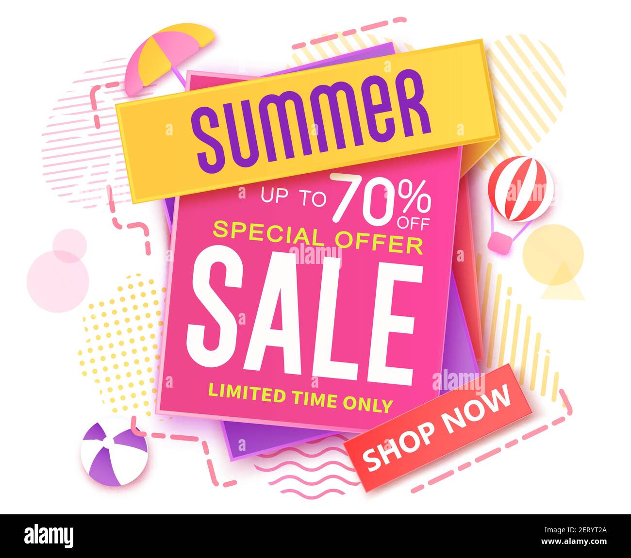 Summer sale vector banner design. Summer sale up to 70% text off shopping offer in paper art and pattern background for tropical season special promo. Stock Vector