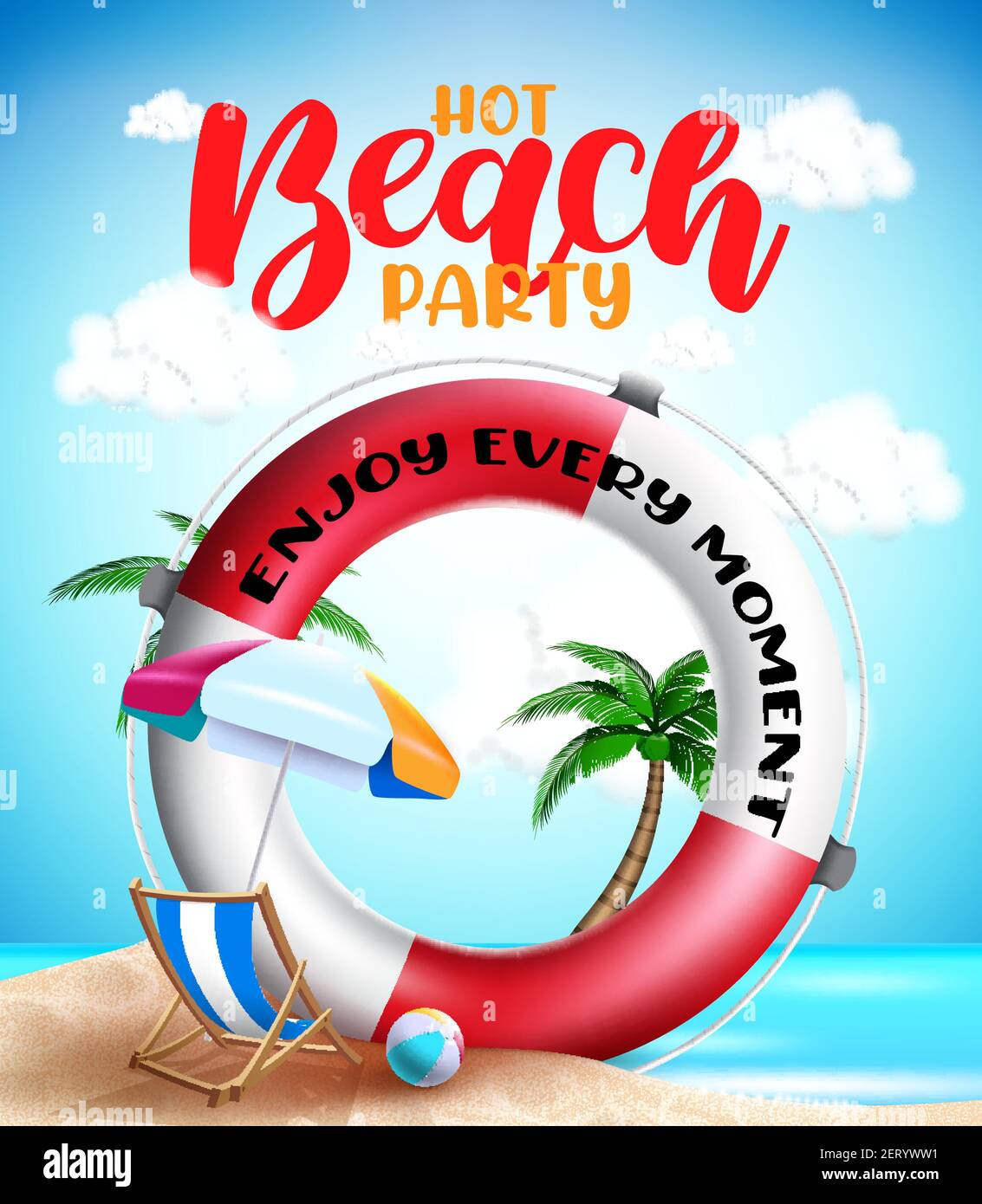 Summer beach vector banner background. Hot beach party text in seashore background with tropical season elements like lifebuoy and umbrella for fun. Stock Vector
