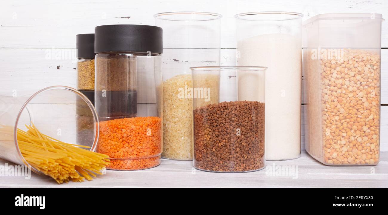 Zero waste products inside organization boxes on kitchen Stock Photo