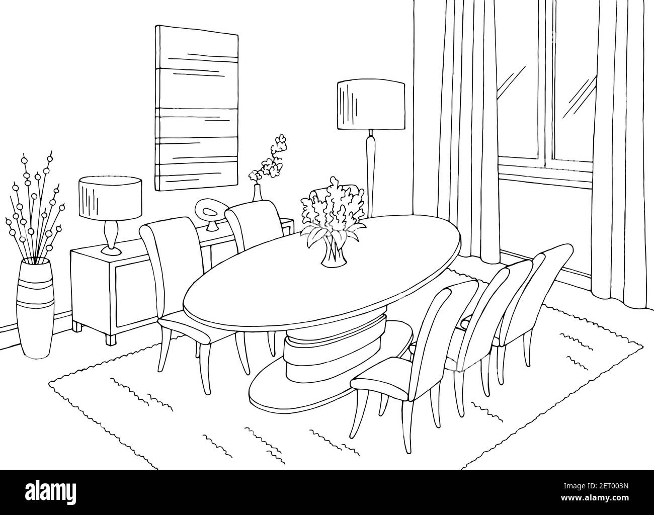 Dining room home interior graphic black white sketch illustration vector  Stock Vector Image & Art - Alamy