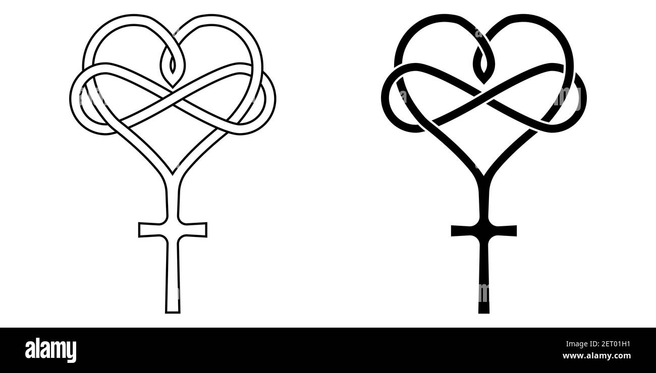 Sign of infinite love for God, heart with infinity symbol and cross, vector tattoo logo love and faith for God Stock Vector