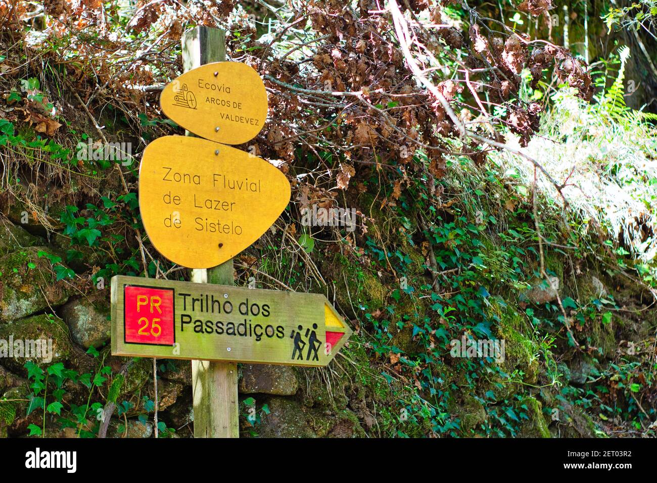 Signs in Sistelo hiking path pointing the right direction to 'Passadiços' Stock Photo