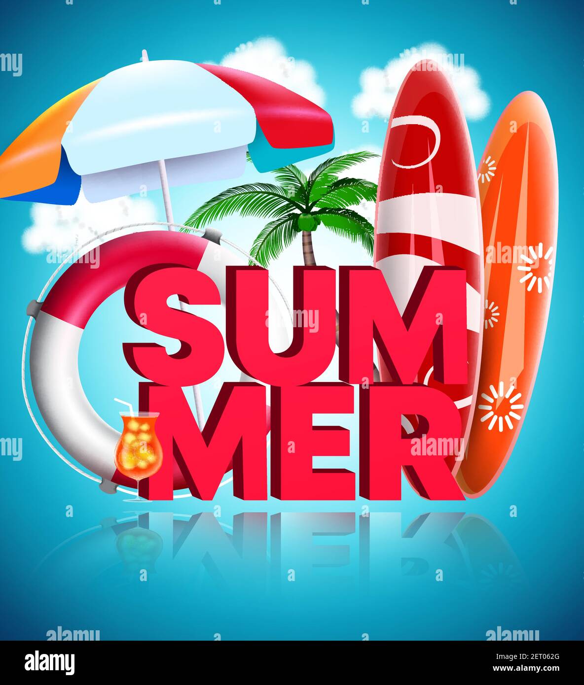 Summer vector concept design. Summer 3d text with surfboard, lifebuoy ...