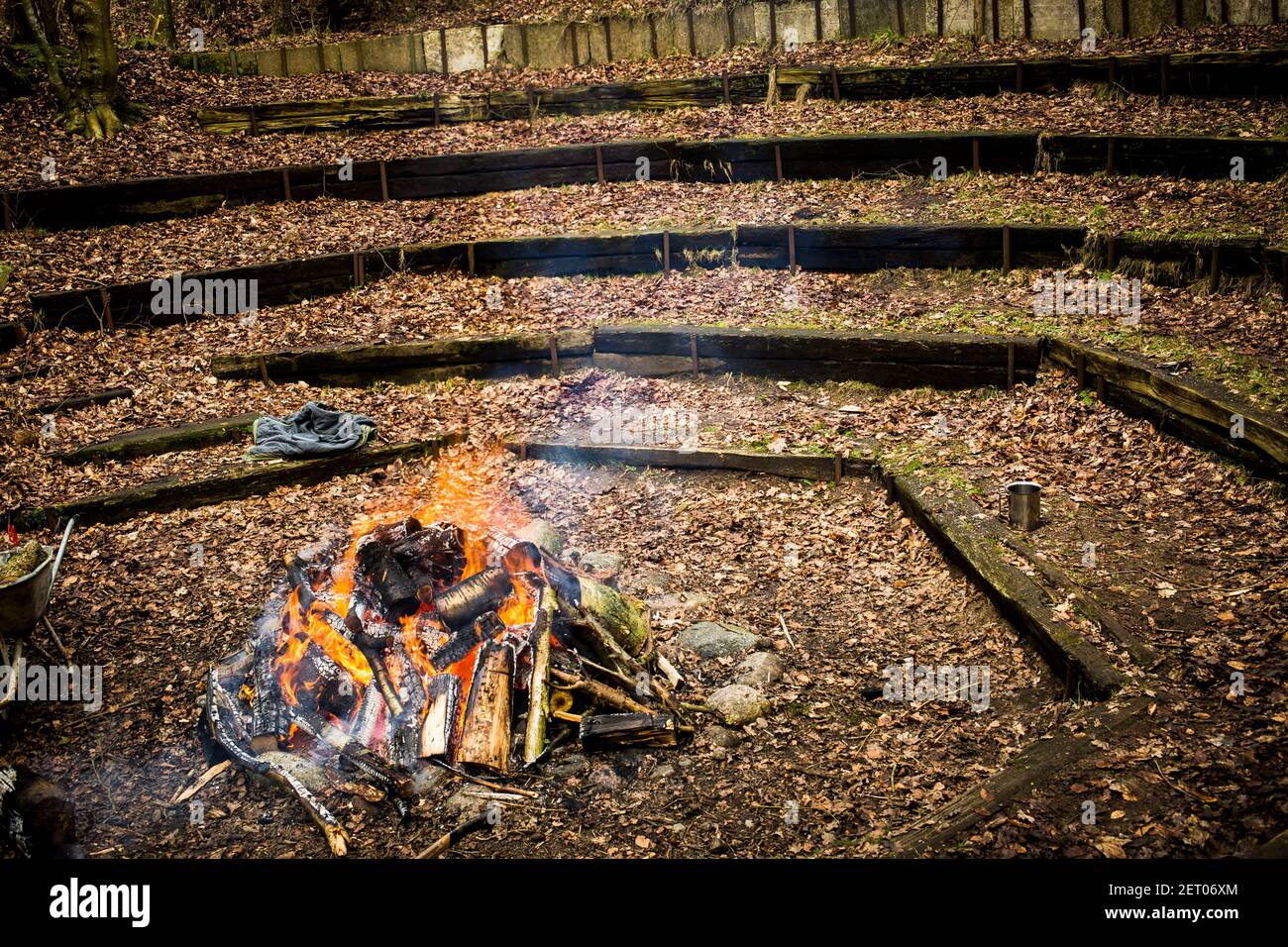 A campfire in the forest with seating Stock Photo