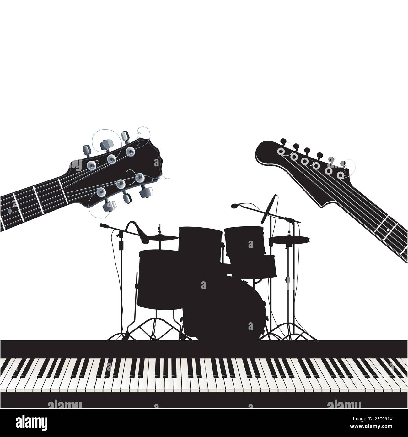 Musical instruments, guitars, drums and piano, rock music Stock Vector