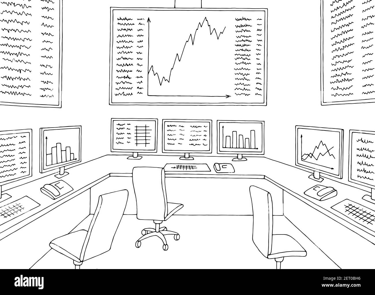 Stock exchange interior office graphic black white interior sketch illustration vector Stock Vector