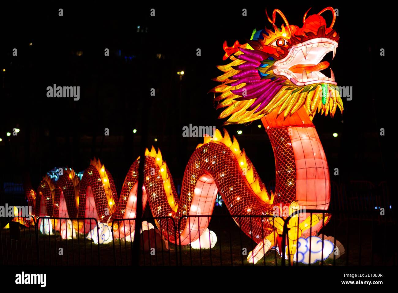 The Chinese Lantern Festival at the Limanski park. Full shot of The Chinese dragon from Chinese mythology. Stock Photo
