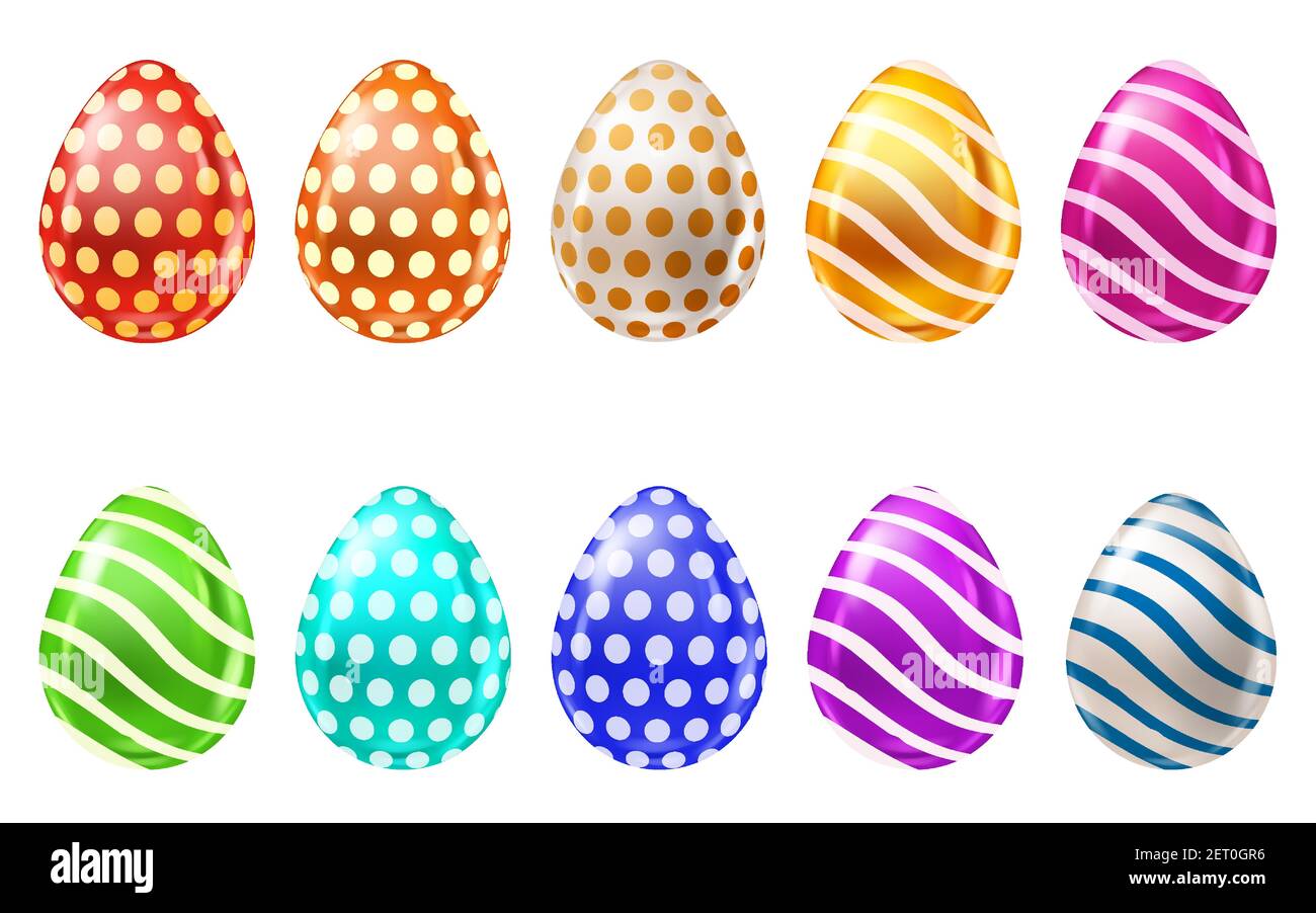 Set of realistic colorful easter eggs with pattern, collection. Vector illustration isolated Stock Vector
