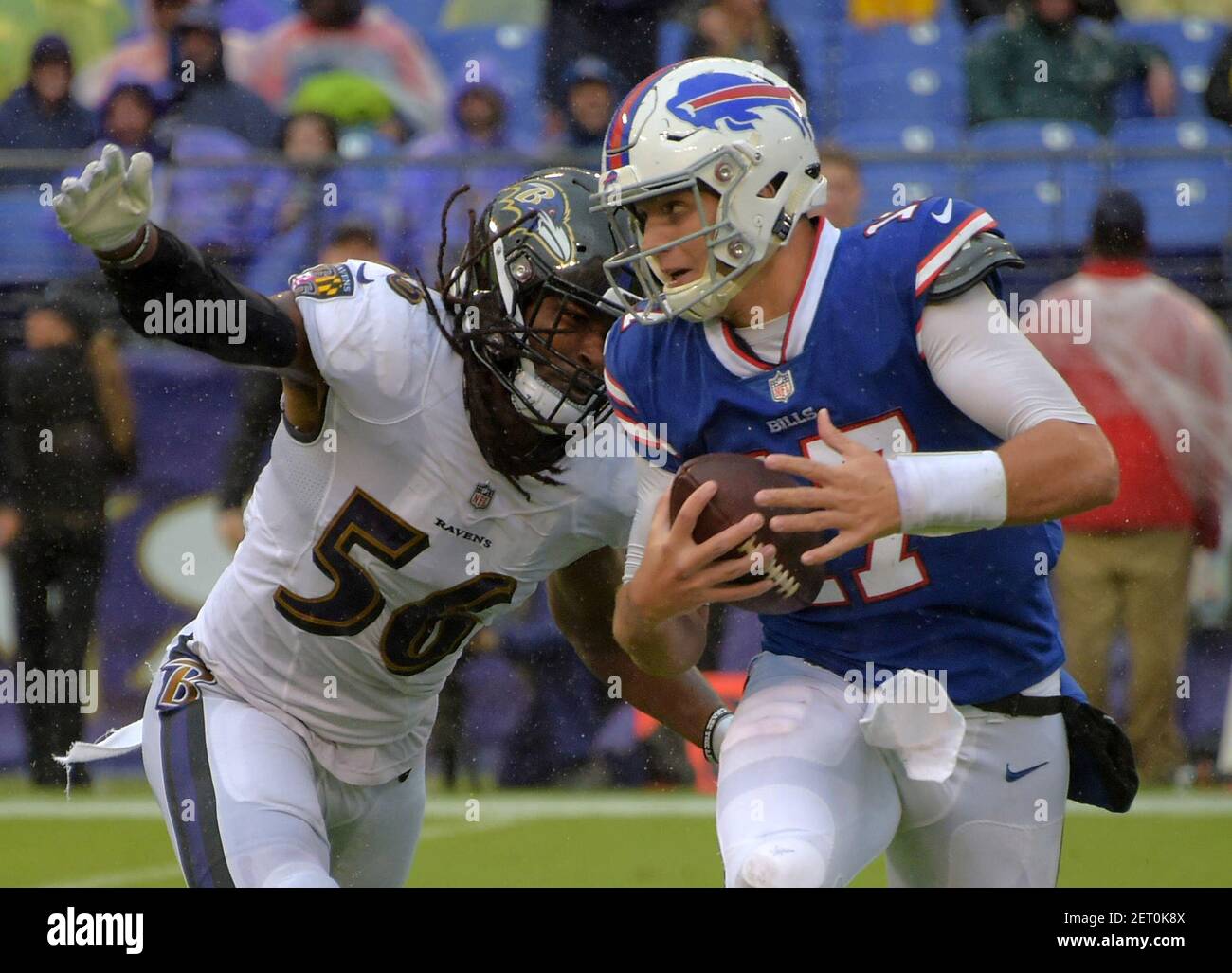 Baltimore Ravens linebacker Tim Williams (56) rushes in to wrap up Buffalo  Bills quarterback Josh Allen (17) for a sack during the third quarter on  Sunday, Sept. 9, 2018. Williams is still