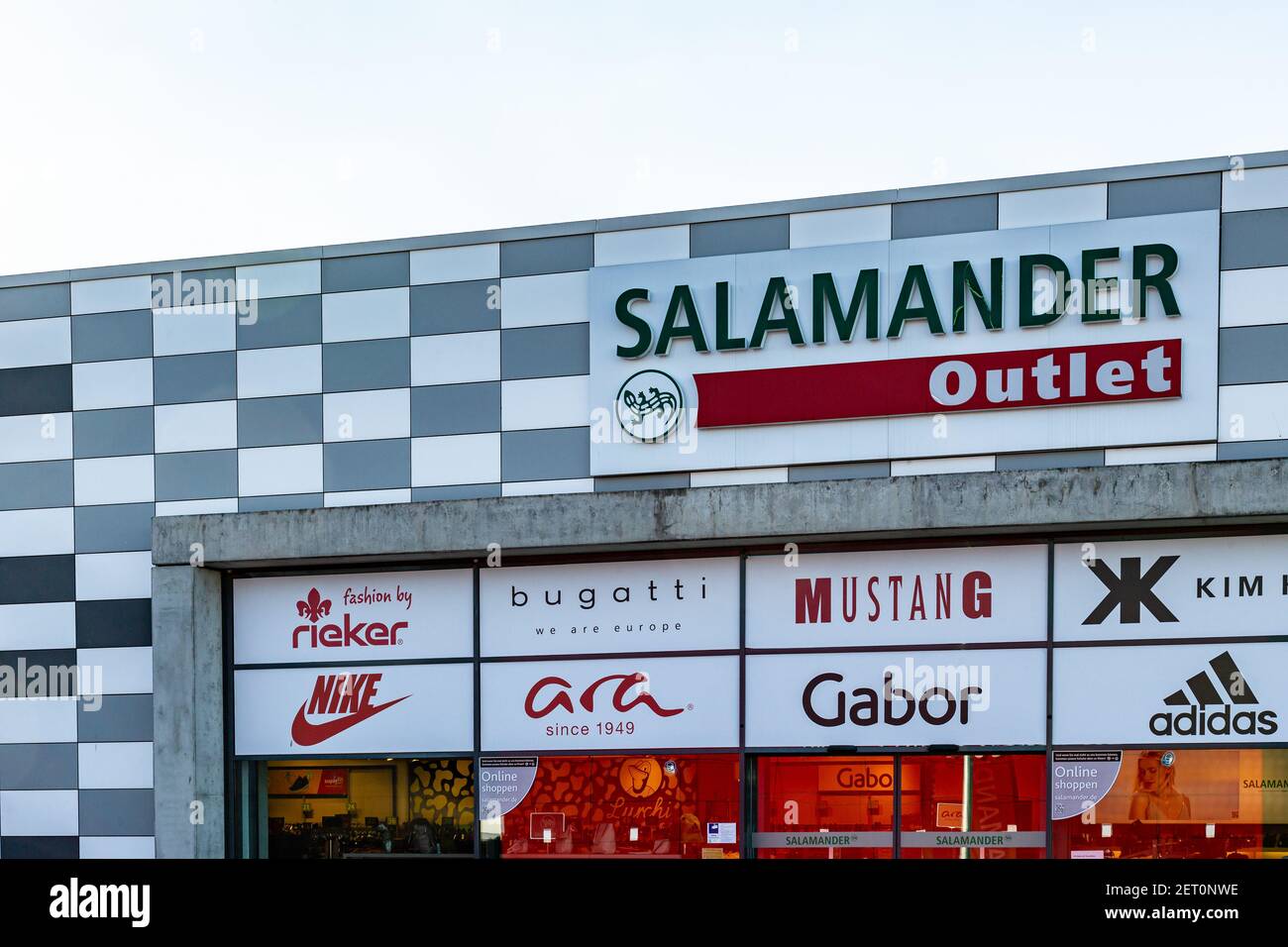 MULHEIM-KARLICH, GERMANY - Feb 27, 2021: Mulheim-Karlich, Germany -  February 27, 2021: facade of the Salamander Outlet Store. with the labels  of Nike Stock Photo - Alamy