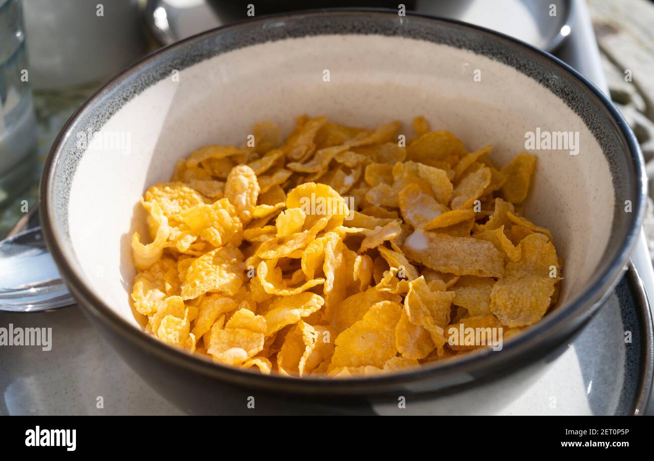 Breakfast outdoors with bowl of Cornflakes UK Stock Photo