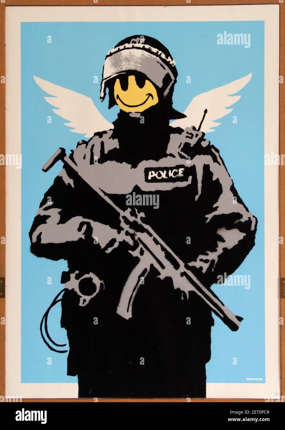 Flying Copper Banksy Print 228 600 Stock Photo Alamy