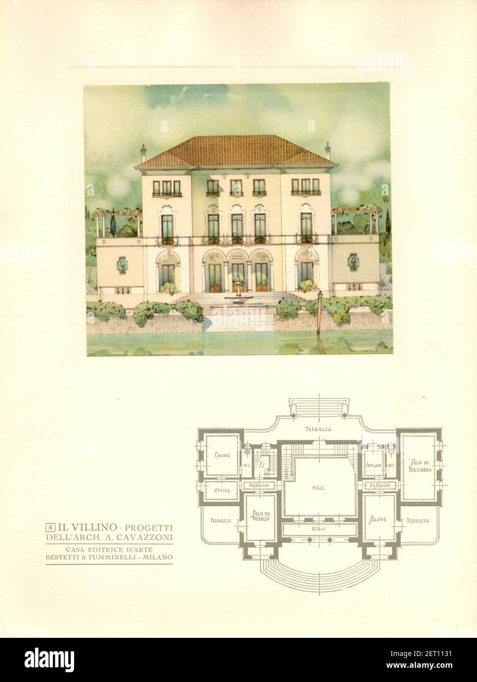 IL VILLINO DI CAVAZZONI - Milano : Casa ed. d'arte Bestetti e Tumminelli. Il volume presenta trenta bellissime tavole a colori e planimetrie dell'architetto Cavazzoni di piccoli villini con giardino, come un campionario di proposte da realizzare. Architetture Liberty balneari e Art Déco. Stock Photo