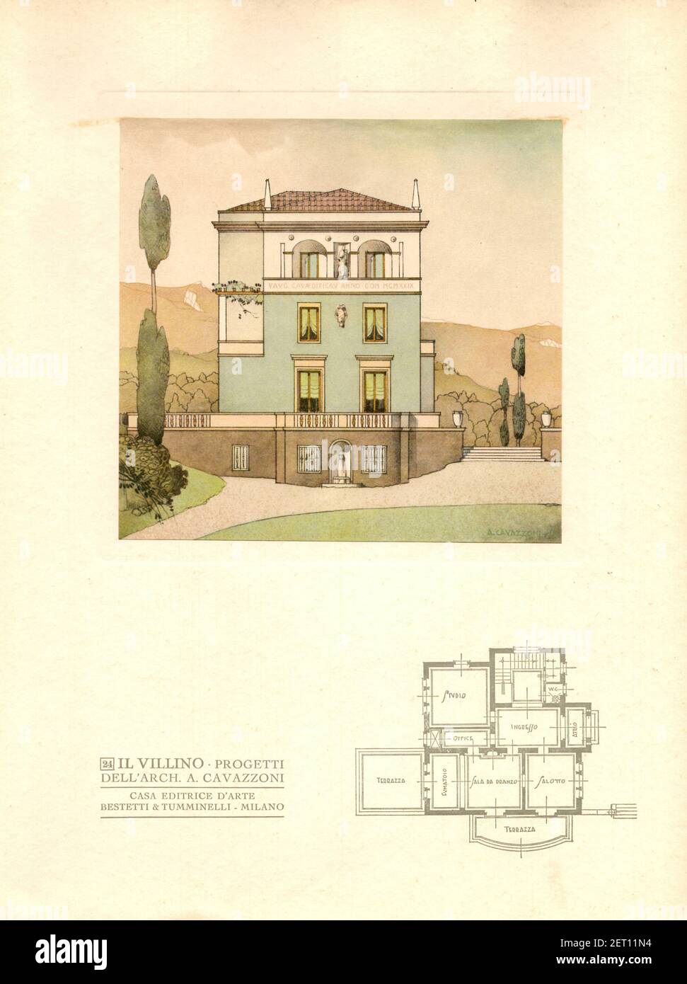 IL VILLINO DI CAVAZZONI - Milano : Casa ed. d'arte Bestetti e Tumminelli. Il volume presenta trenta bellissime tavole a colori e planimetrie dell'architetto Cavazzoni di piccoli villini con giardino, come un campionario di proposte da realizzare. Architetture Liberty balneari e Art Déco. Stock Photo