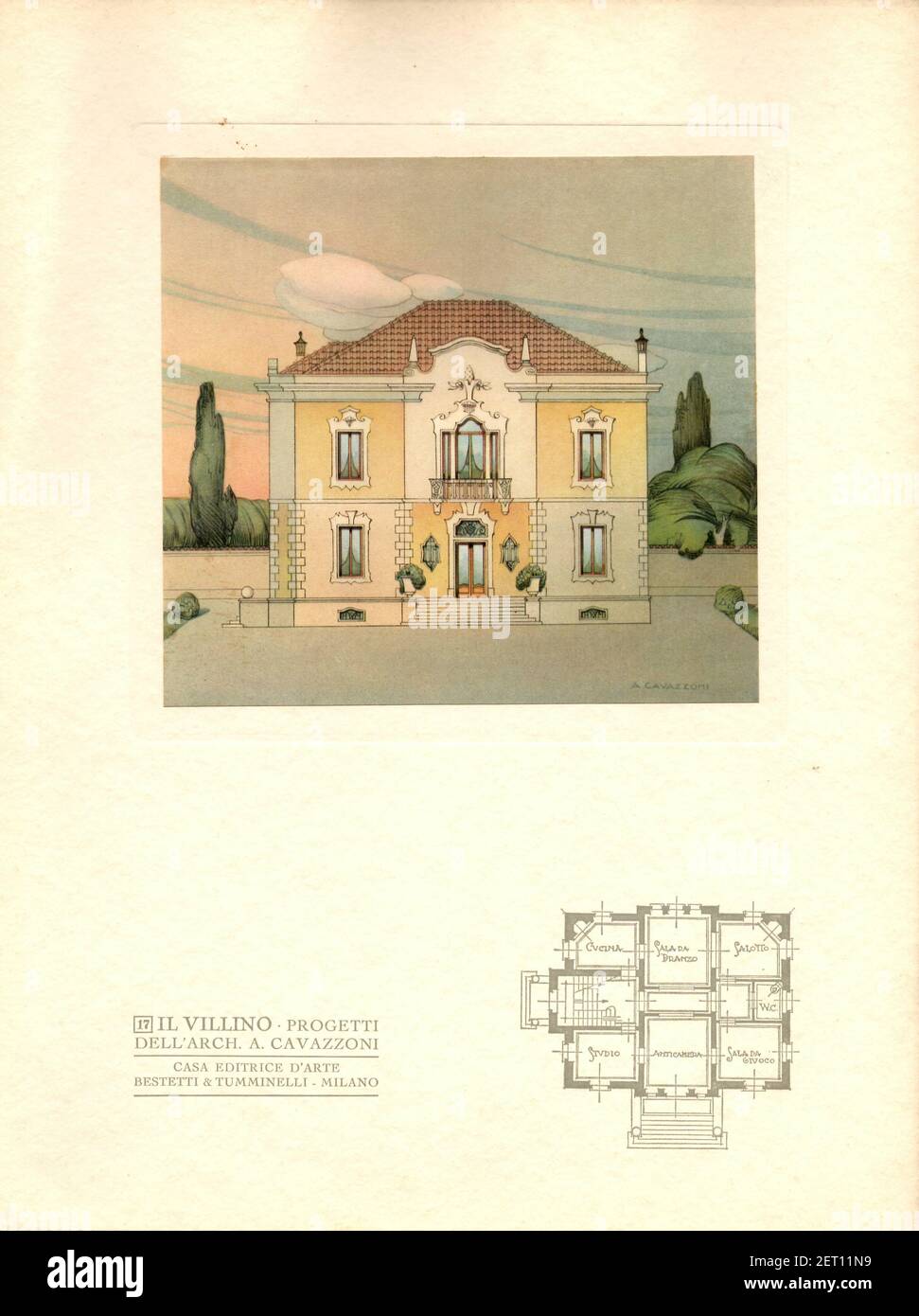 IL VILLINO DI CAVAZZONI - Milano : Casa ed. d'arte Bestetti e Tumminelli. Il volume presenta trenta bellissime tavole a colori e planimetrie dell'architetto Cavazzoni di piccoli villini con giardino, come un campionario di proposte da realizzare. Architetture Liberty balneari e Art Déco. Stock Photo