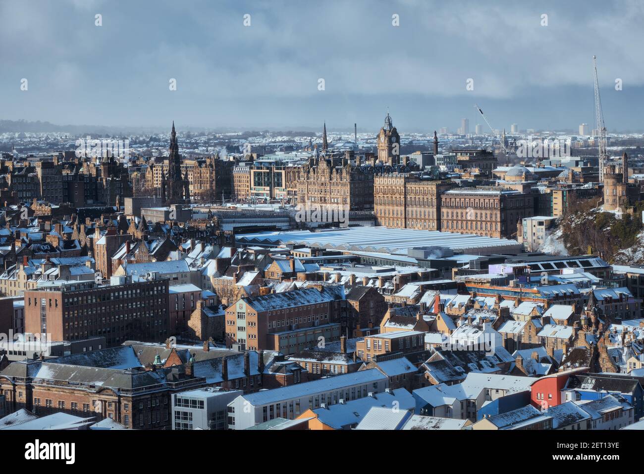 Top view of the winter city of Edinburgh covered snow. City attractions. Scotland, United Kingdom Stock Photo