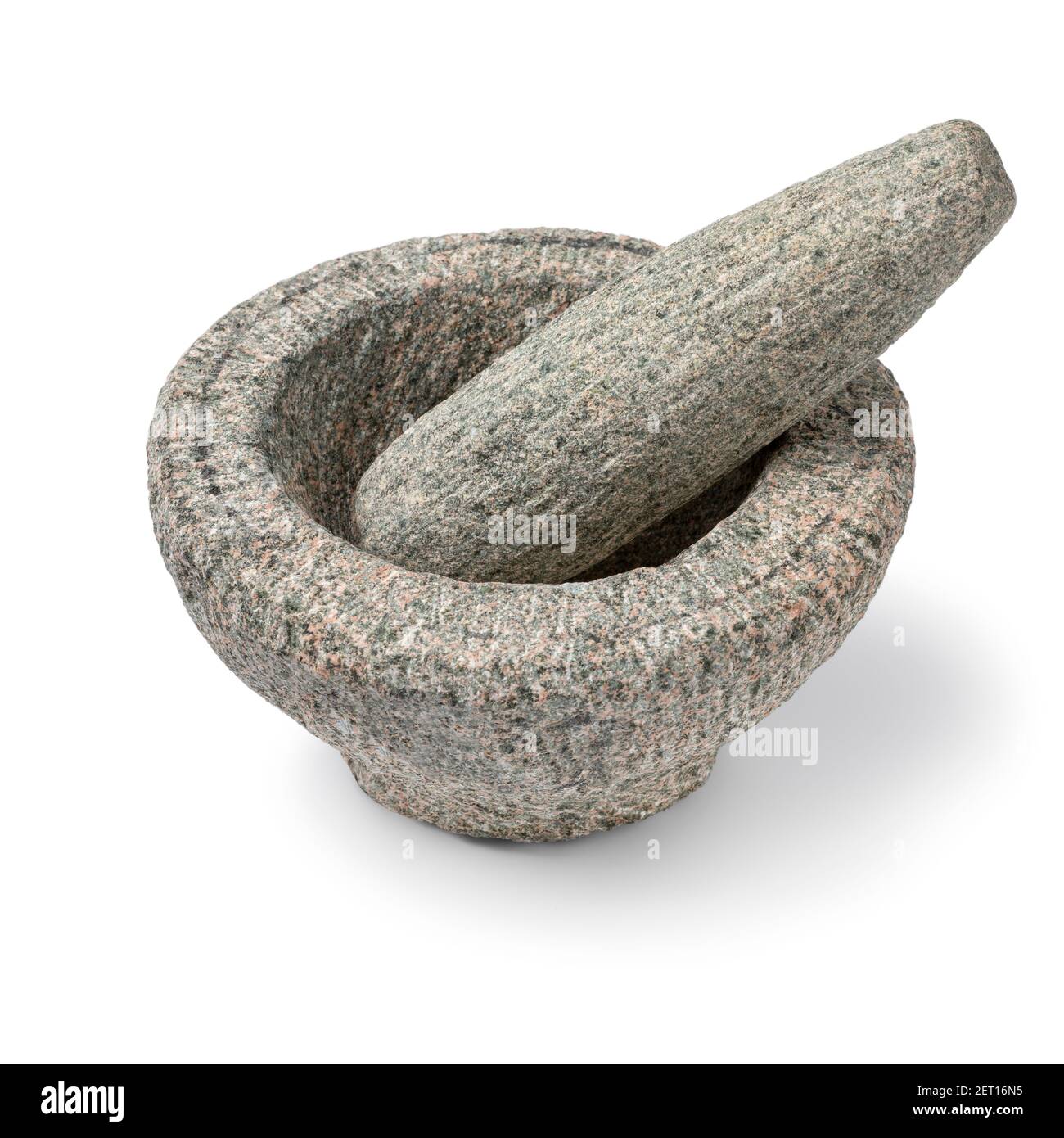 Mortar and pestle of natural stone close up isolated on white background Stock Photo