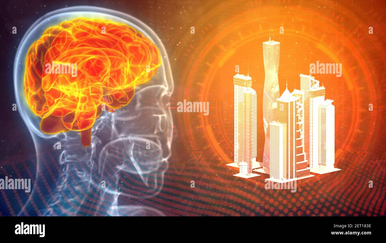 cg 3d illustration of industry, brain stricken by urban stress Stock ...