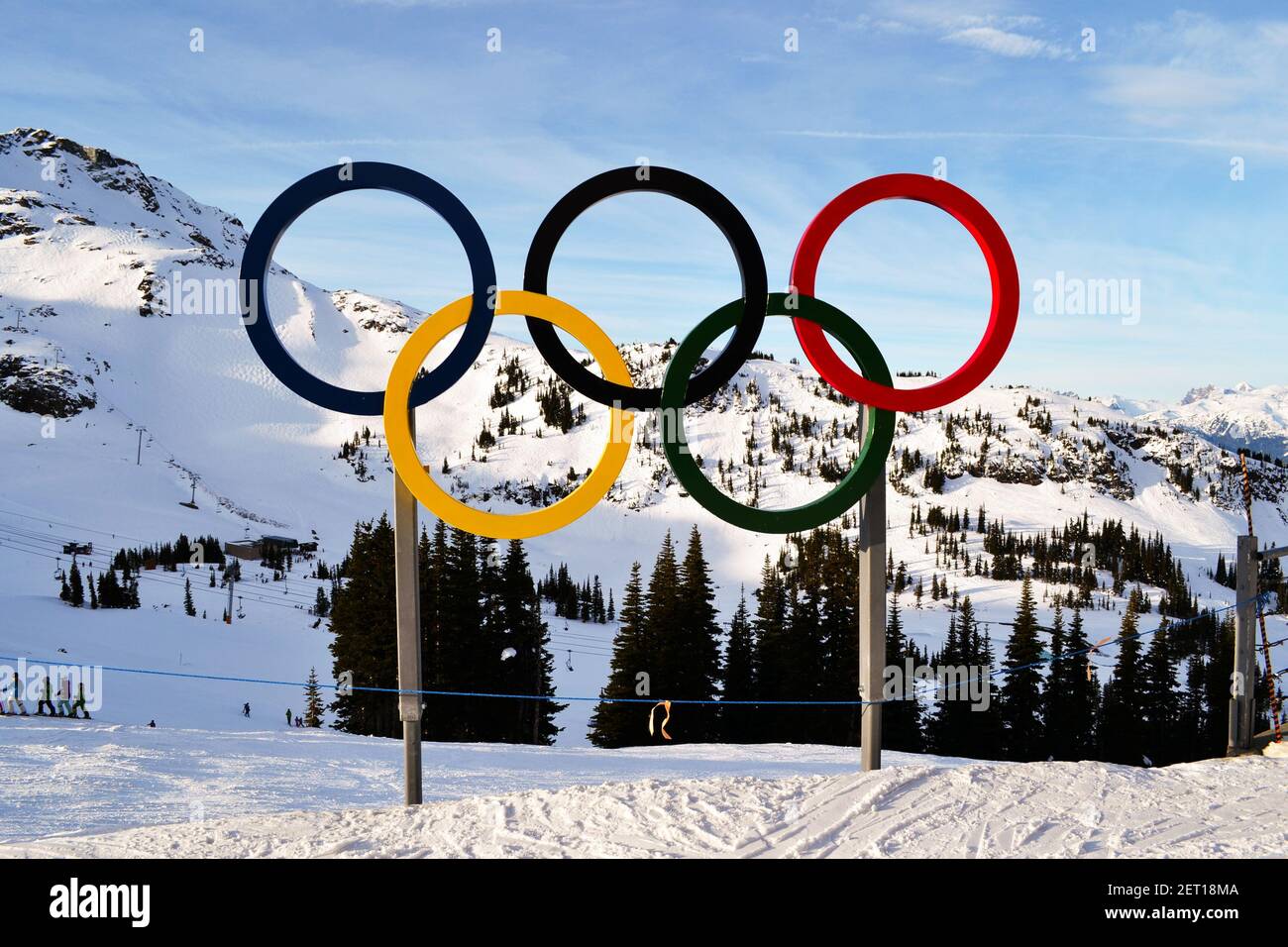 Whistler, British Columbia, Canada 2013. The Olympic symbol against the rocky mountains Stock Photo