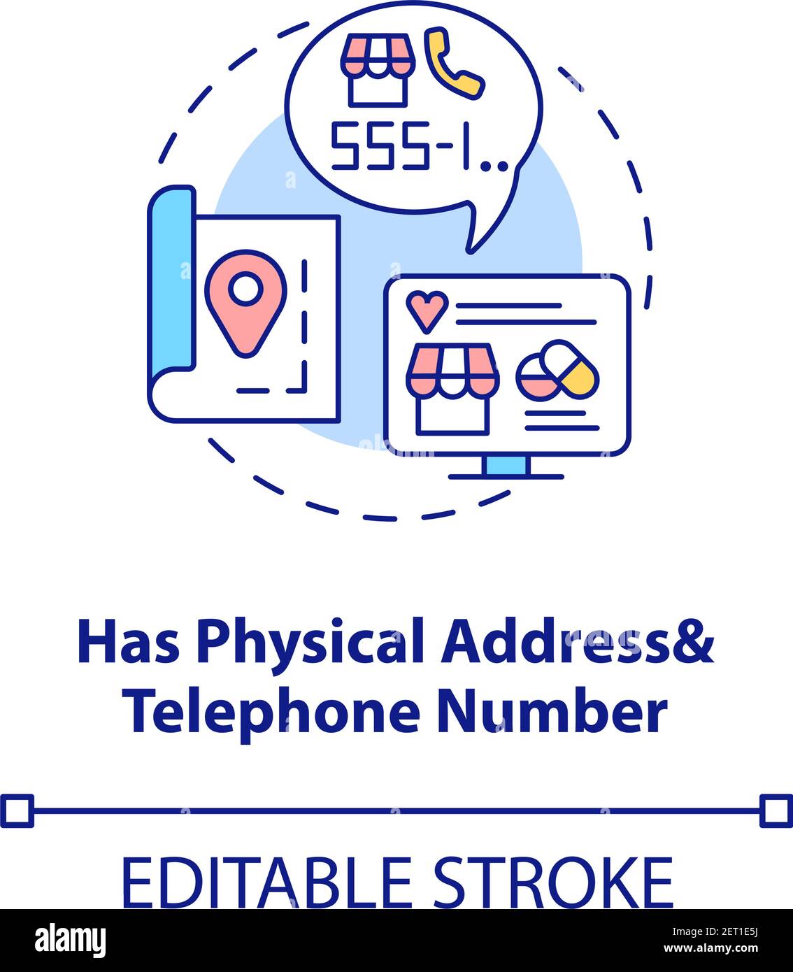 Has physical address and telephone number concept icon Stock Vector