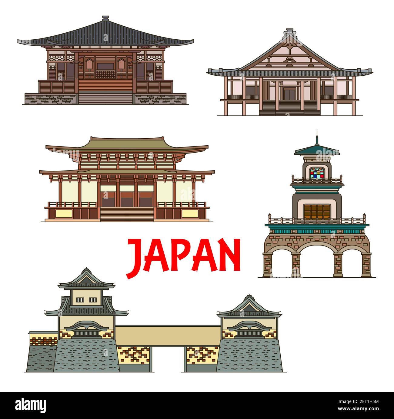Japan landmarks and temples, Japanese towers, gates and pagodas, vector icons. Muro-ji temple in Uda Nara, Shoren-ji in Takayama, Oyama Shrine, Narita Stock Vector