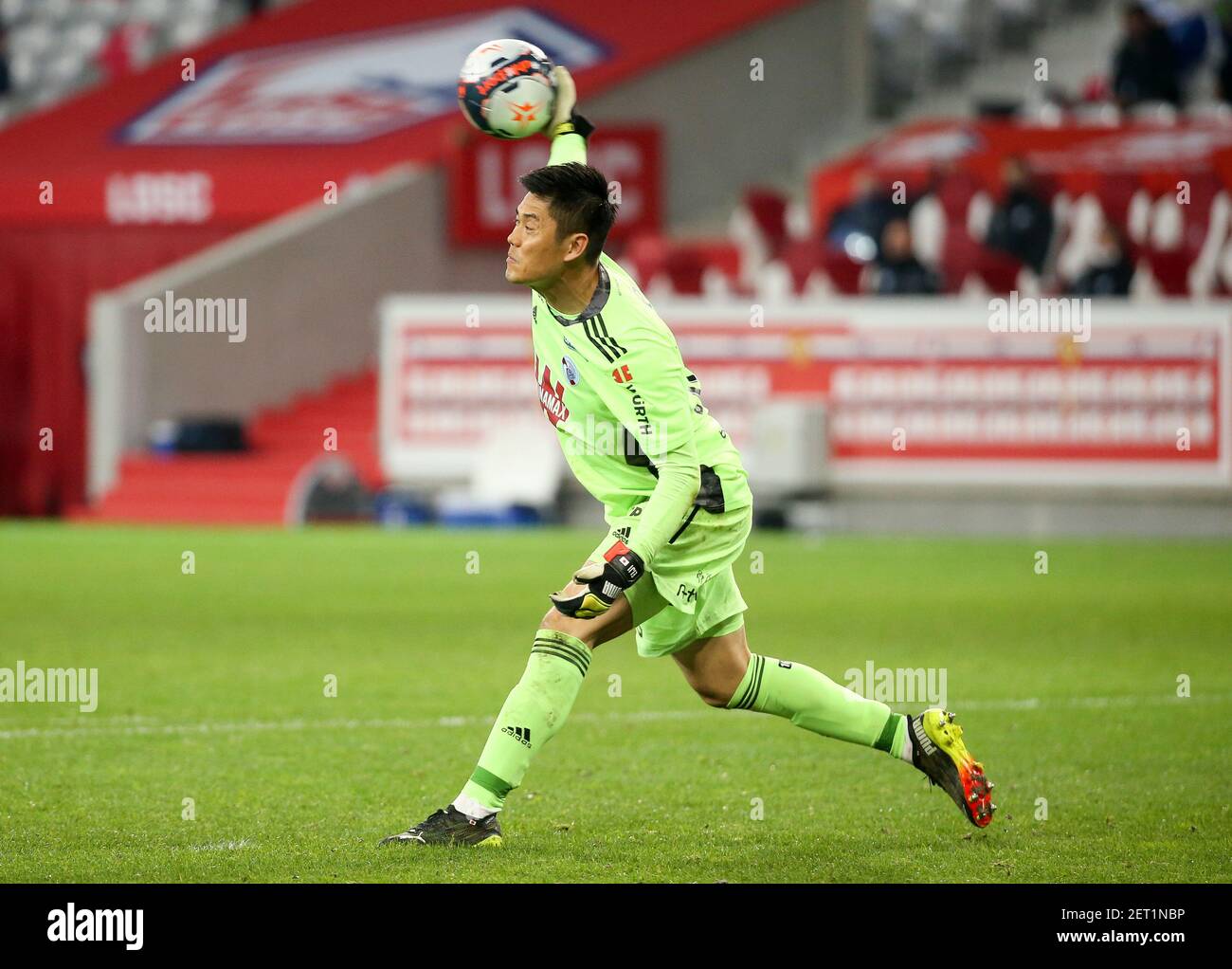 Goalkeeper of Strasbourg Eiji Kawashima during the French championship Ligue 1 football match between Lille OSC and RC Strasbourg on february 28, 2021 at Pierre Mauroy stadium in Villeneuve-d'Ascq near Lille, France - Photo Jean Catuffe / DPPI Stock Photo
