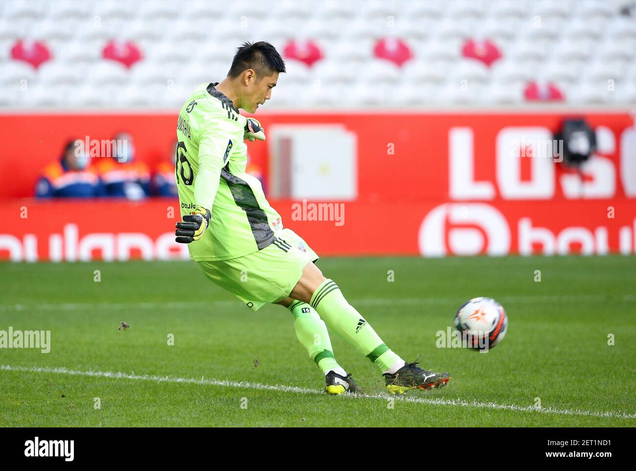 Goalkeeper of Strasbourg Eiji Kawashima during the French championship Ligue 1 football match between Lille OSC and RC Strasbourg on february 28, 2021 at Pierre Mauroy stadium in Villeneuve-d'Ascq near Lille, France - Photo Jean Catuffe / DPPI Stock Photo