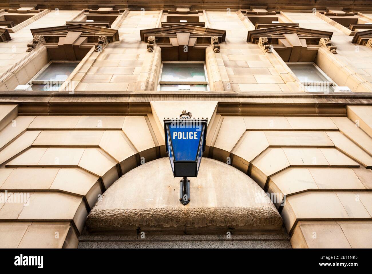 A traditional old blue police lamp over the entrance to the disused police station in the Lace Market, Nottingham, England, UK Stock Photo