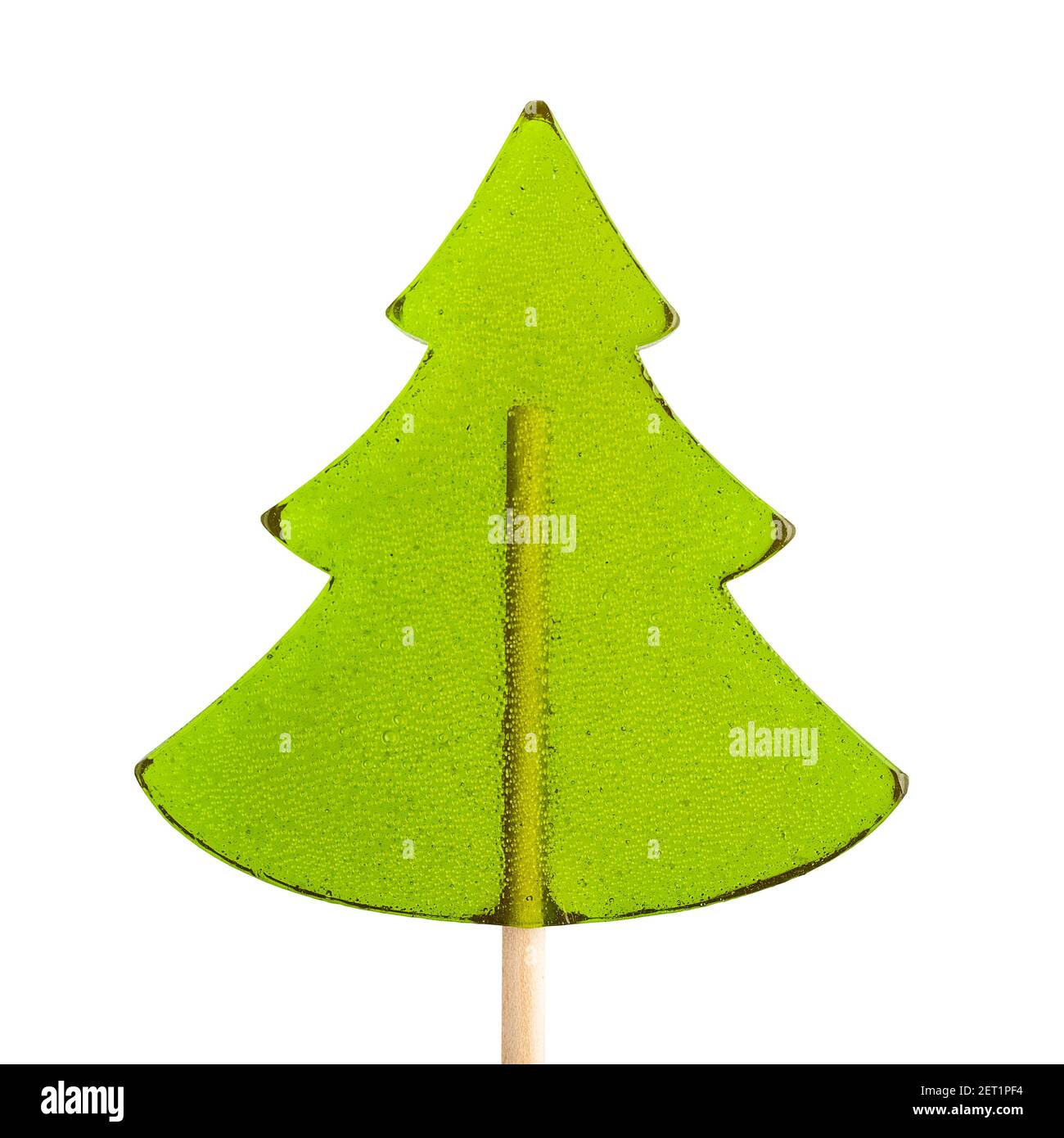 Sweet lollipop in the form of a green Christmas tree on a white background Stock Photo