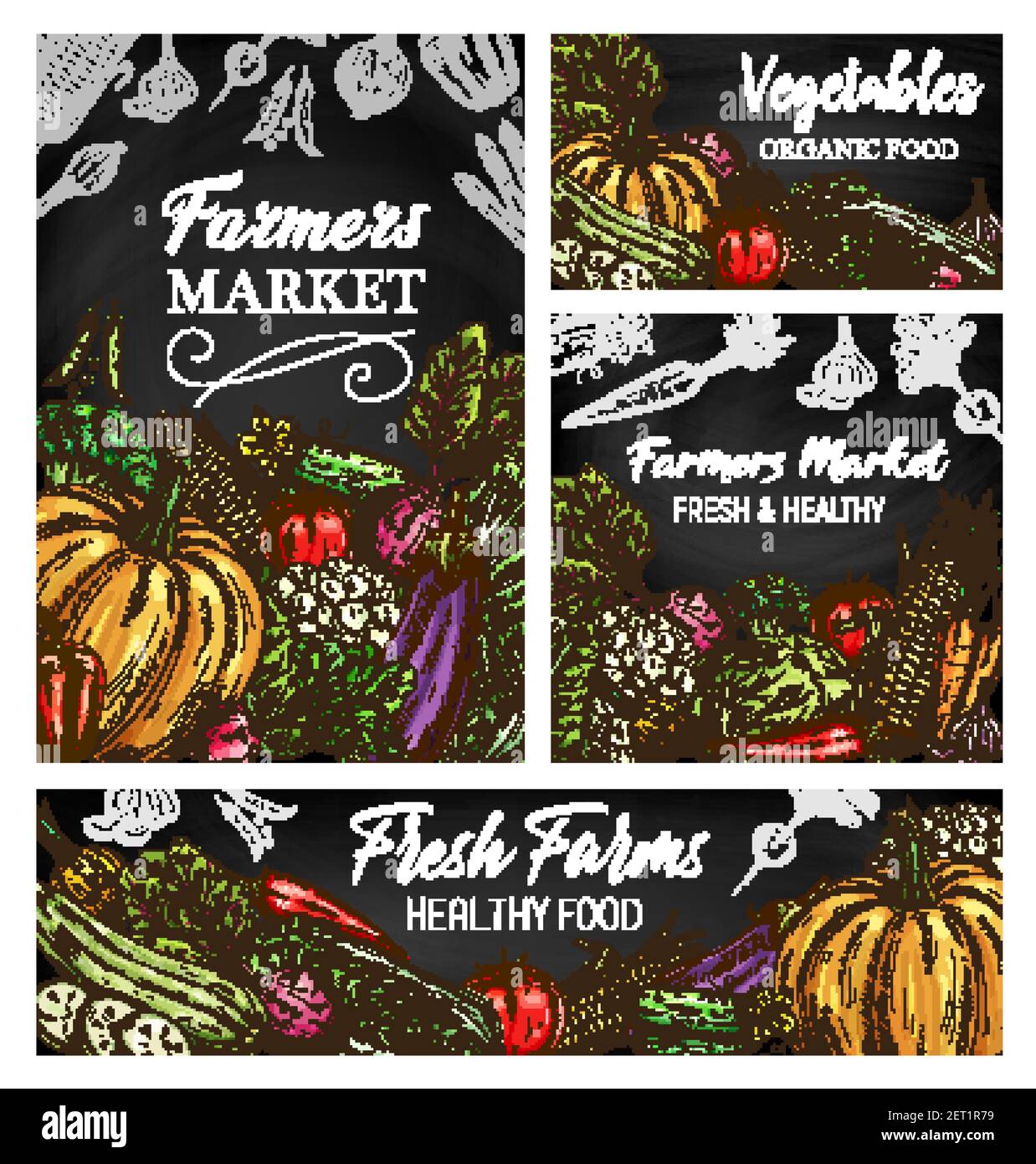 Vegetable vector sketches on blackboard, fresh farm food design. Hand ...