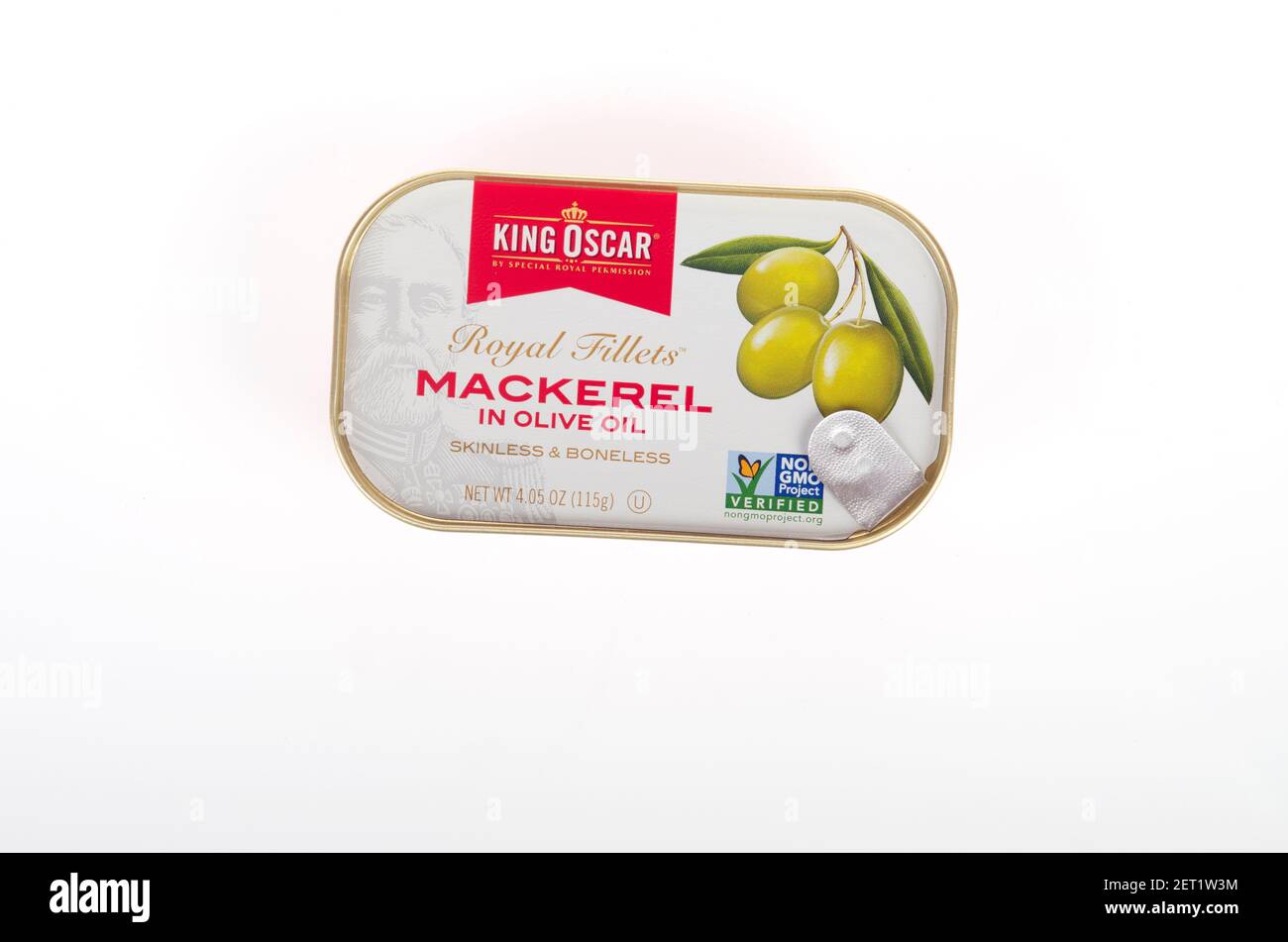 King Oscar Mackerel Fillets in Olive Oil Skinless & Boneless Tin Stock Photo