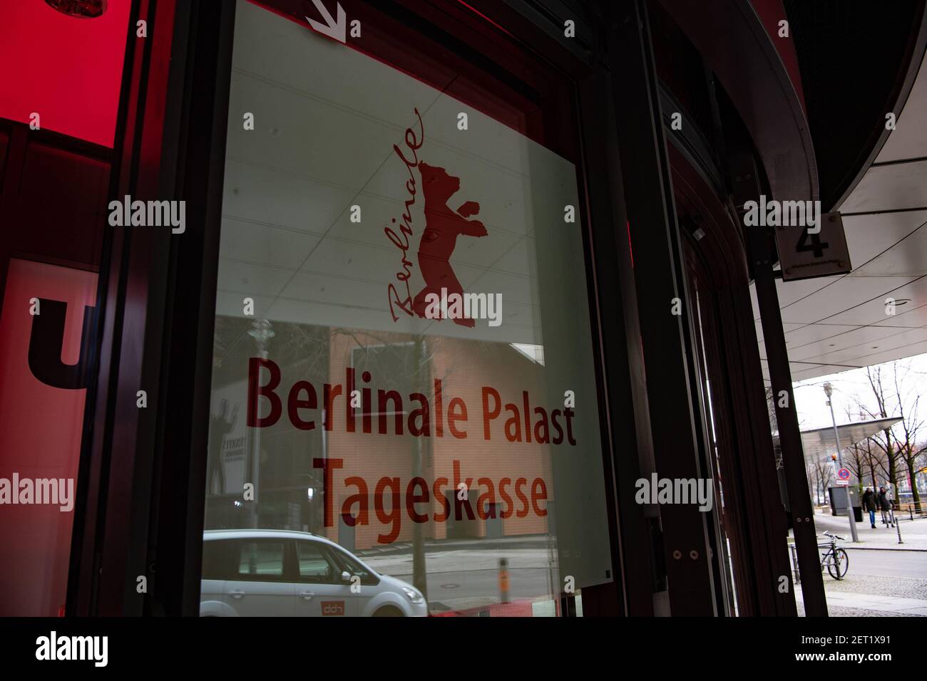 Berlin, Germany. 01st Mar, 2021. "Berlinale Palast - Box Office" is written  on the sign on a window at Marlene-Dietrich-Platz. The film festival " Berlinale" is divided this year because of the pandemic.