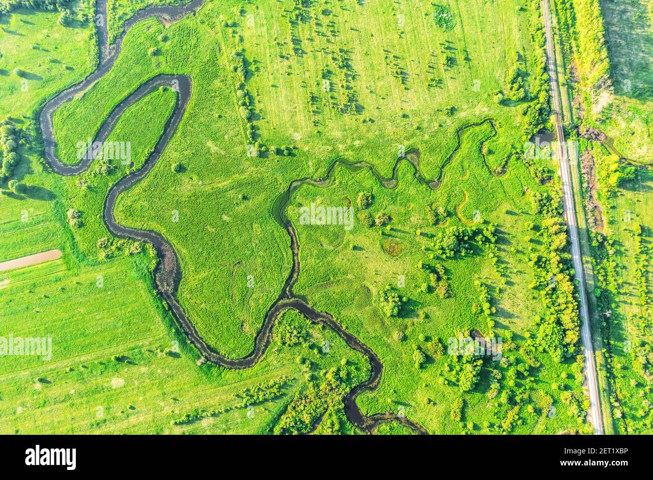 Aerial view of the rural landscape from above - rivers, fields, forests ...