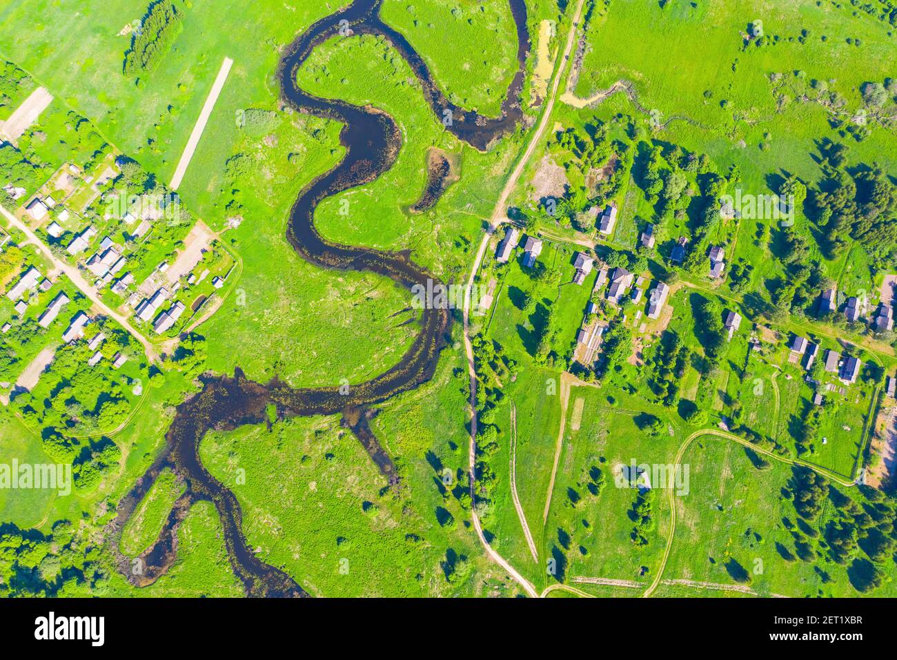 Aerial view of the rural landscape from above - rivers, fields, forests ...