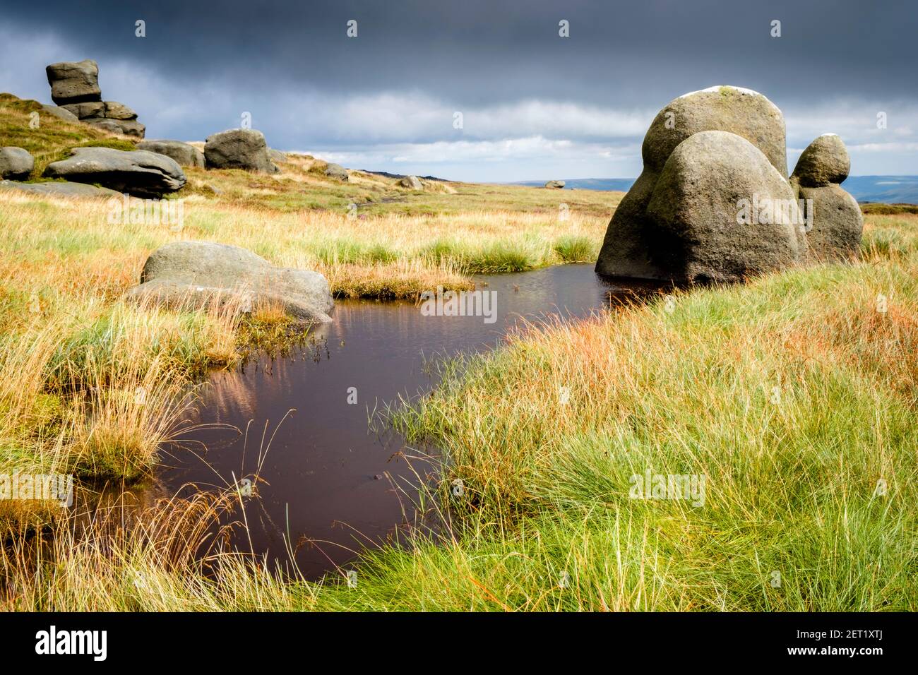 Peat bog and weathered rocks on moorland at Wool Packs, Kinder Scout, Derbyshire, Peak District National Park, England, UK Stock Photo