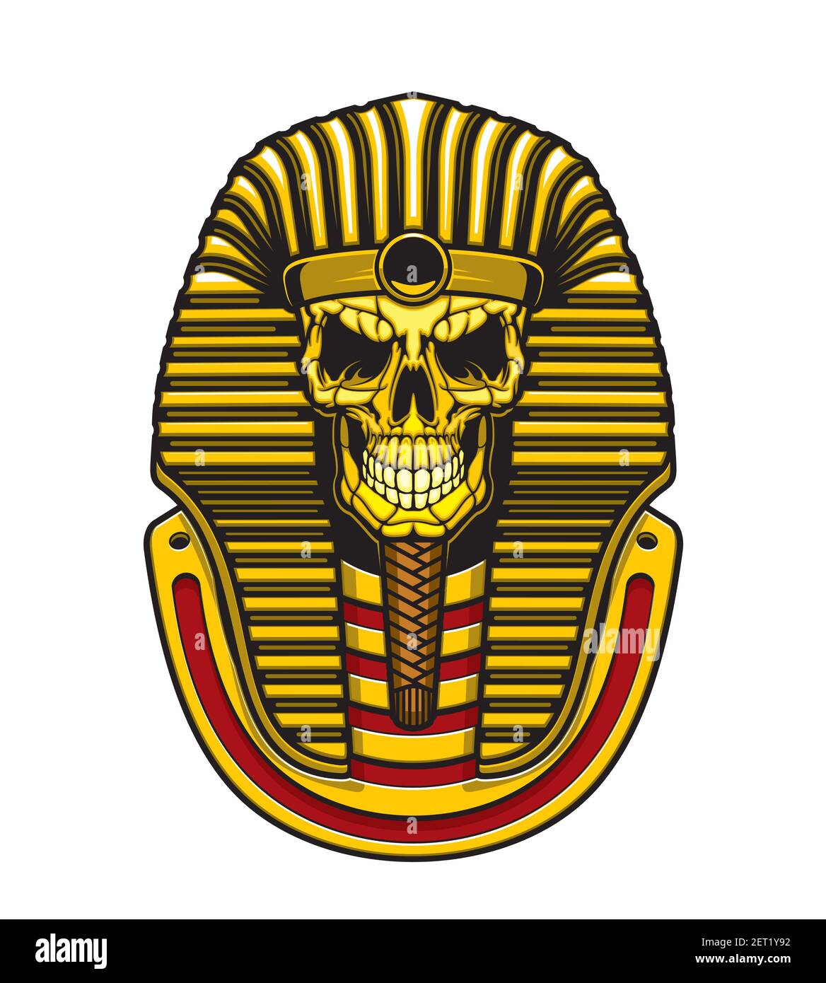 Egyptian pharaoh skull vector design with gold mask of Ancient Egypt king. Death mummy skeleton head of Tutankhamun with royal crown, striped nemes an Stock Vector