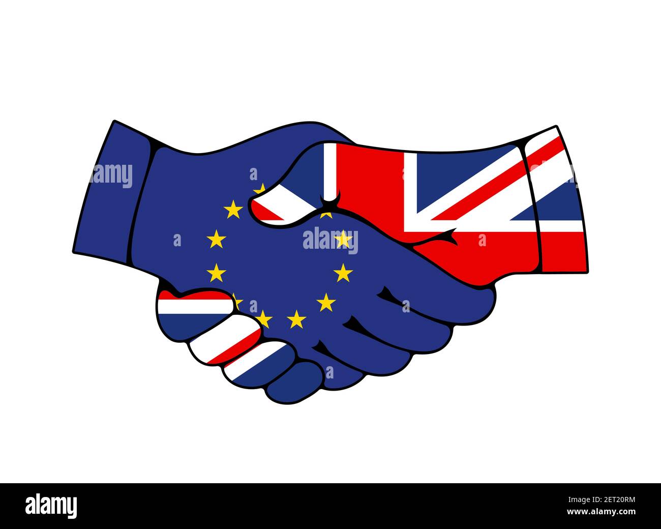 European union and United Kingdom trade and business agreement. Handshake of hands with EU and Great Britain flags vector. Countries economical, polit Stock Vector