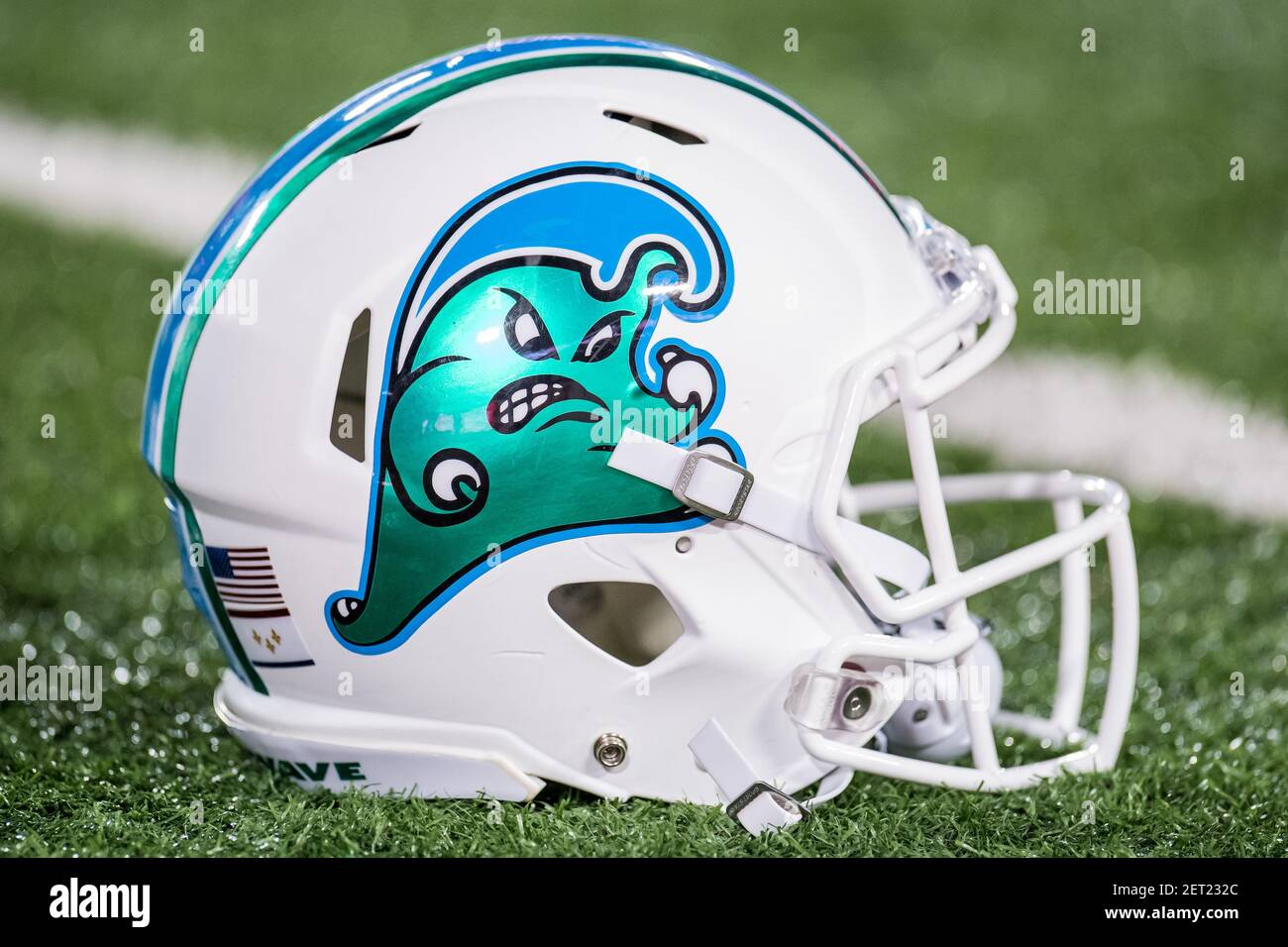 A Tulane Green Wave helmet sits on the 