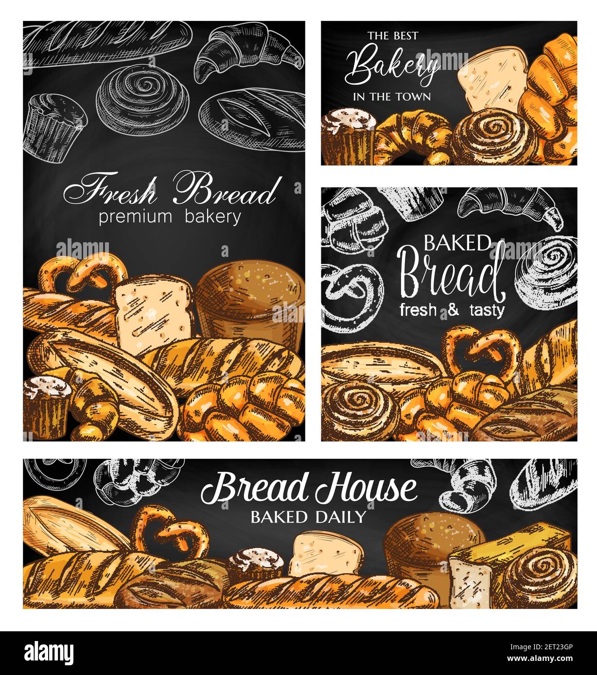 Bakery bread chalkboard sketch banners. Wheat vienna and rye pullman bread, loaf, challah and baguette, croissant, bun and pie, pretzel hand drawn vec Stock Vector