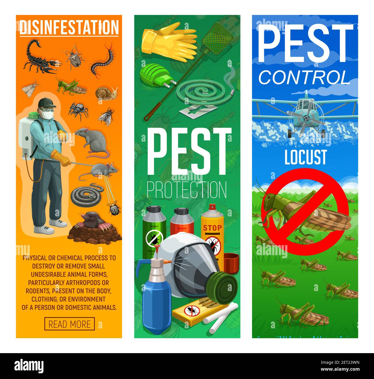 Deratization and disinfection, rodents and insects pests control banners. Pest control worker with insecticide or poison sprayer, airplane spraying pe Stock Vector