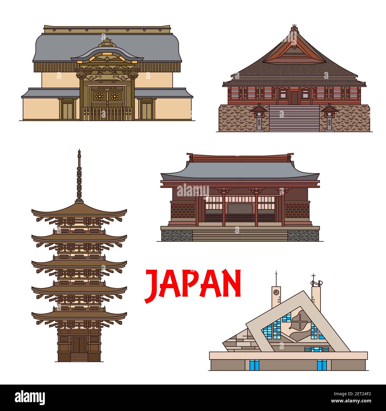 Japan landmarks, temples and pagodas architecture, Japanese towers and travel buildings. Japan landmarks Eihei-ji temple in Fukui, Yamaguchi Xavier Me Stock Vector