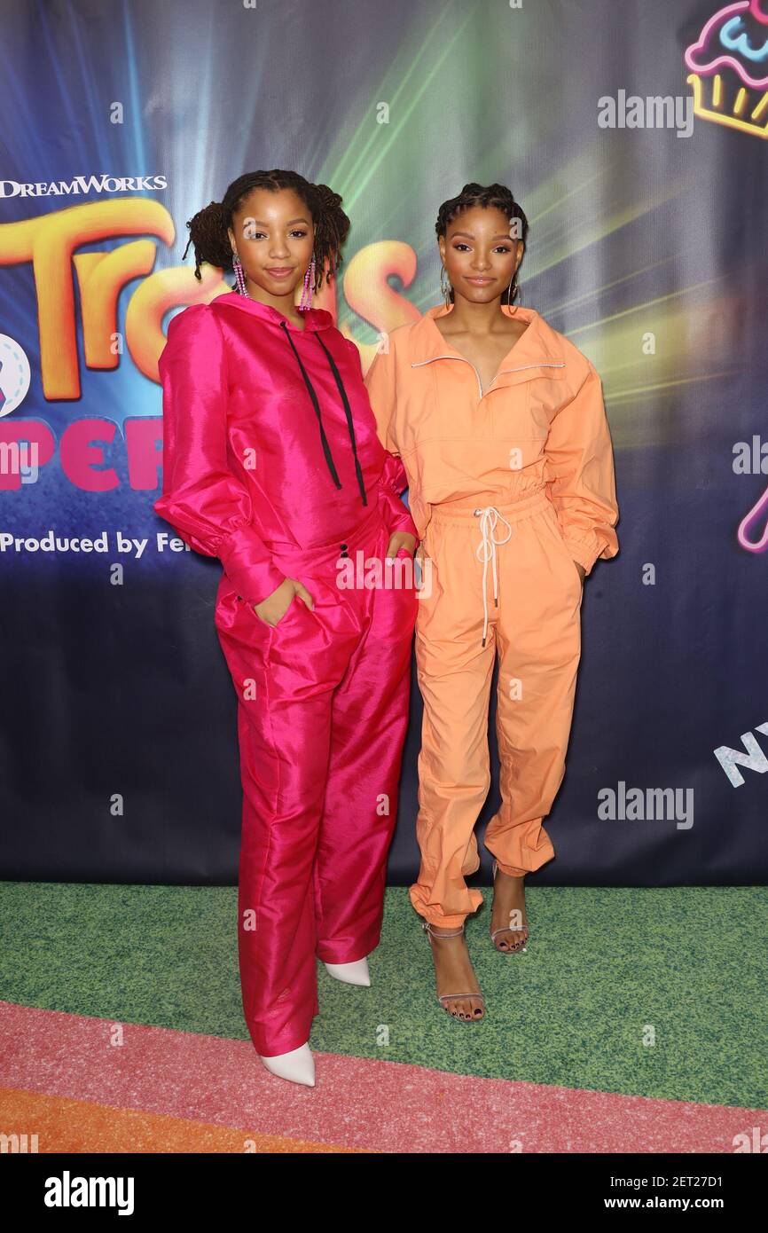 Chloe X Halle, Halle Bailey, Chloe Bailey attends DreamWorks Trolls The Experience Rainbow Carpet Grand Opening, held at 218 West 57th Street in New York City, Wednesday, November 14, 2018. (Photo by Elise Leclerc/Sipa USA) Stock Photo