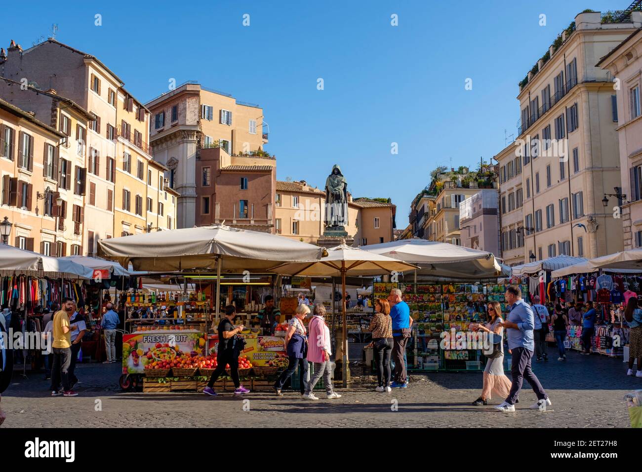 Food vendors, vendor stalls at Campo de' Fiori Market, Campo de Fiori Square, Rome, Italy Stock Photo
