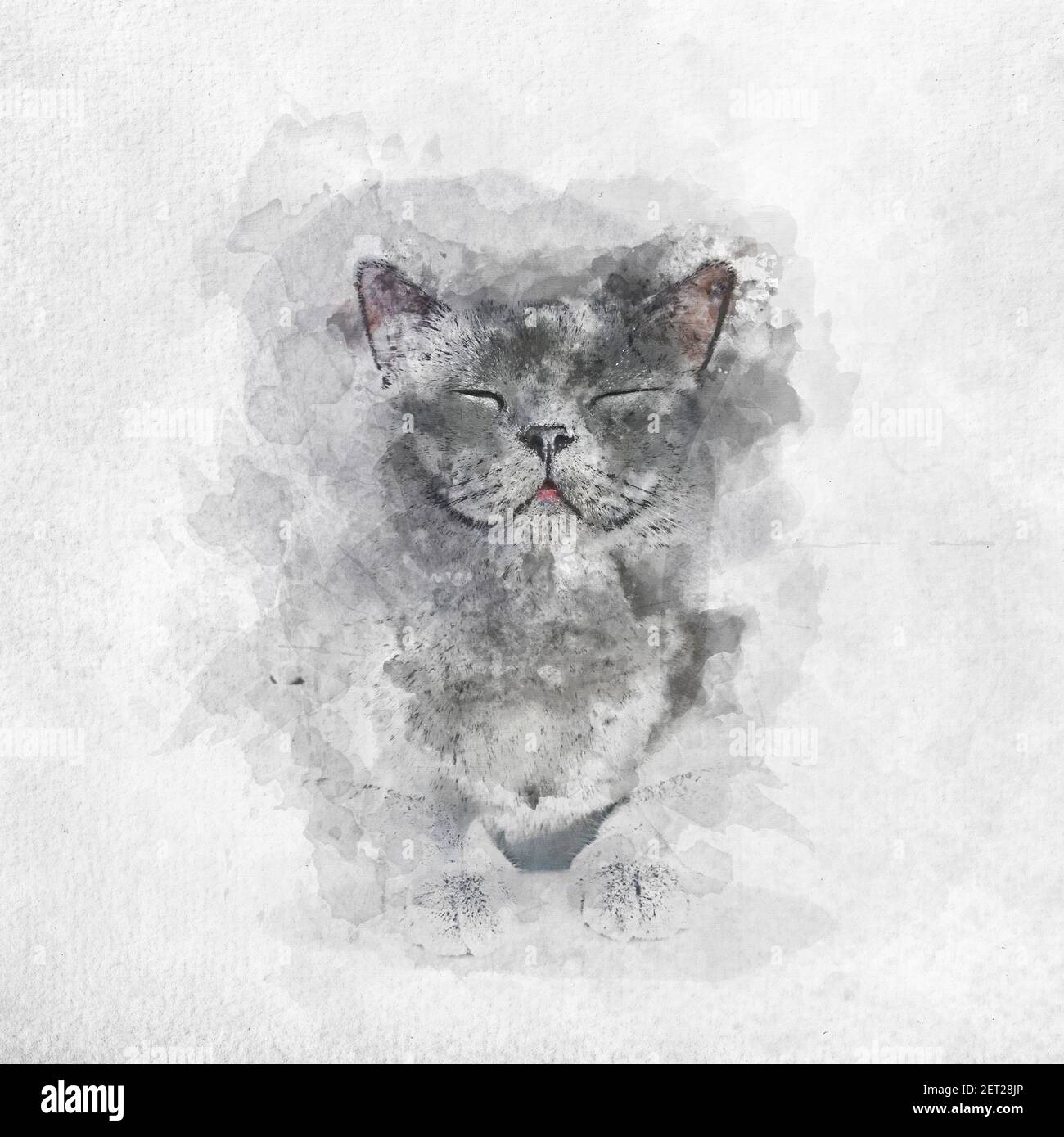Watercolor painting of smiling British Shorthair cat. Happiness and ...