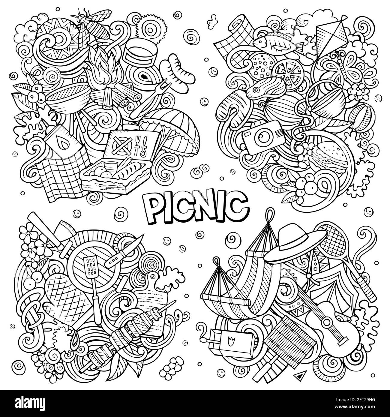 Picnic cartoon vector doodle designs set. Line art detailed compositions with lot of food and nature objects and symbols. All items are separate Stock Vector