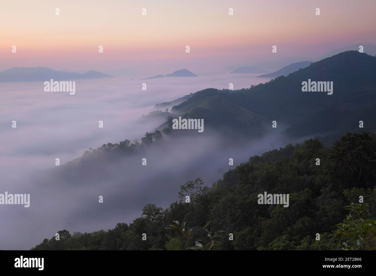 Aerial view of cloud carpet under the milky way at night, Thailand Stock Photo
