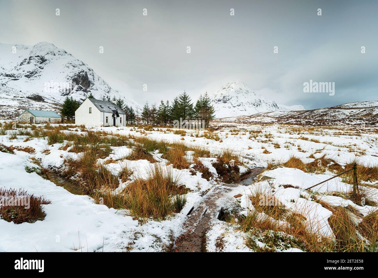 A mountain croft in the snow at Glencoe in the Scottsih Highlands Stock Photo